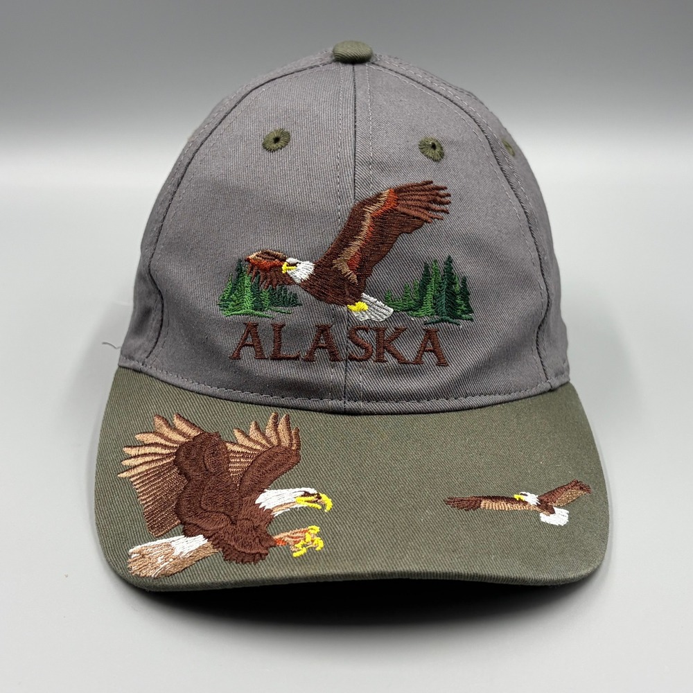 Alaska Outpost Embroidered Bald Eagle Baseball Cap Grey Green Adjustable Hat
